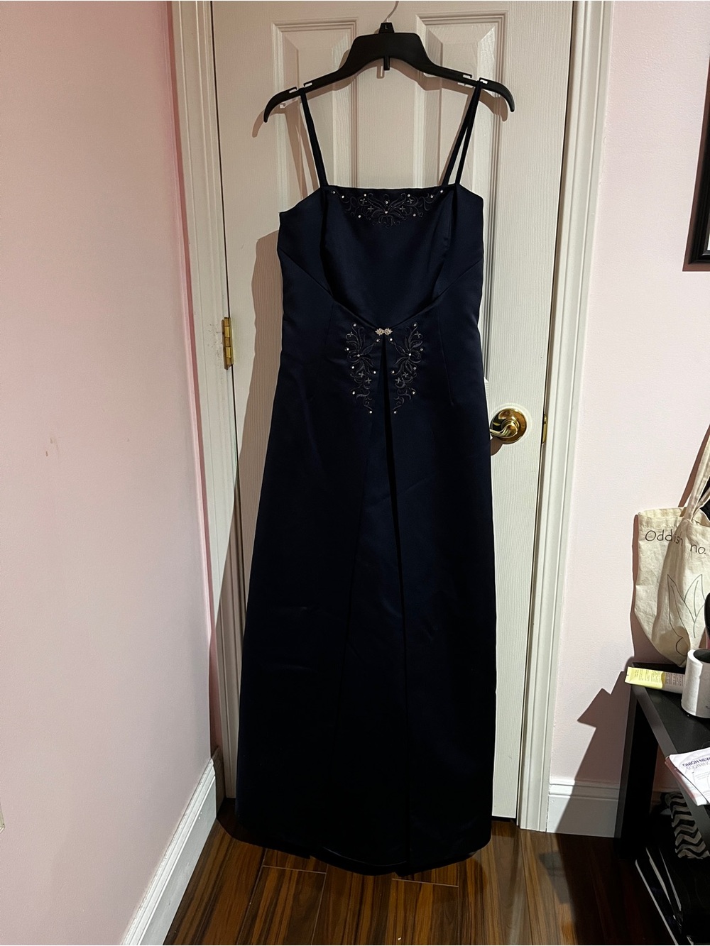 Vintage Michaelangelo Navy Beaded Spaghetti-Strap Formal Prom Dress